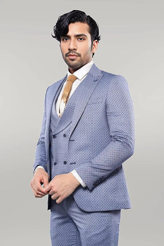 Self Patterned Vested Blue Suit