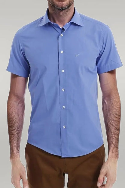 Short Sleeve Poly Cotton Slim Fit Blue Men Shirt