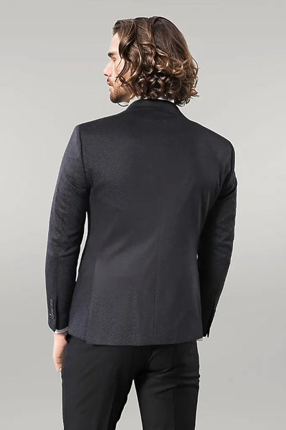 Single Button Double Vent Pointed Collar Navy Blue Blazer - Wessi