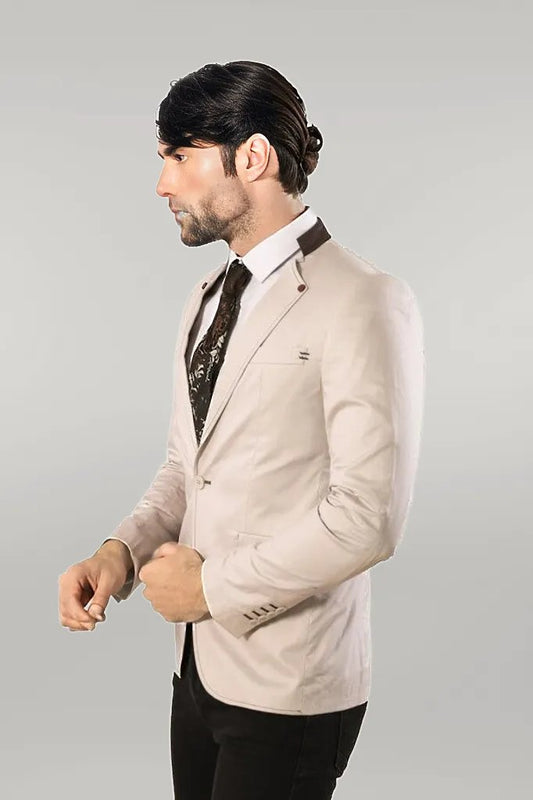 Single Button Standing Collar Cream Men Blazer
