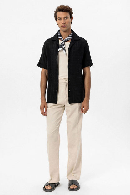 Men's Black Camp Collar Woven Shirt