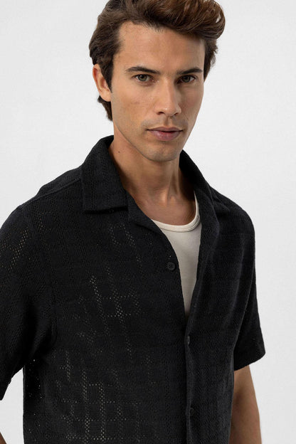 Men's Black Camp Collar Woven Shirt