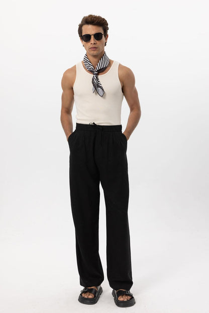 Men's Black Belted Linen Blend Pants