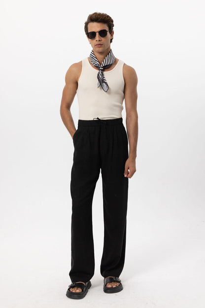 Men's Black Belted Linen Blend Pants