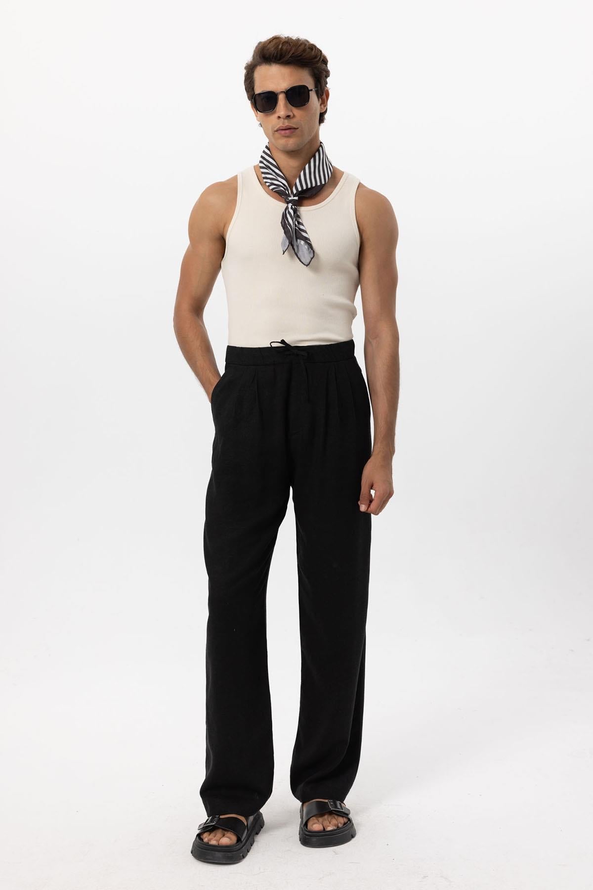 Men's Black Belted Linen Blend Pants