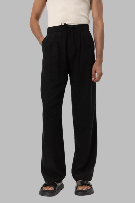 Men's Black Belted Linen Blend Pants