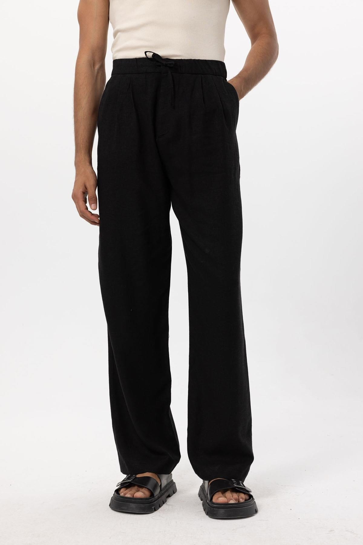 Men's Black Belted Linen Blend Pants