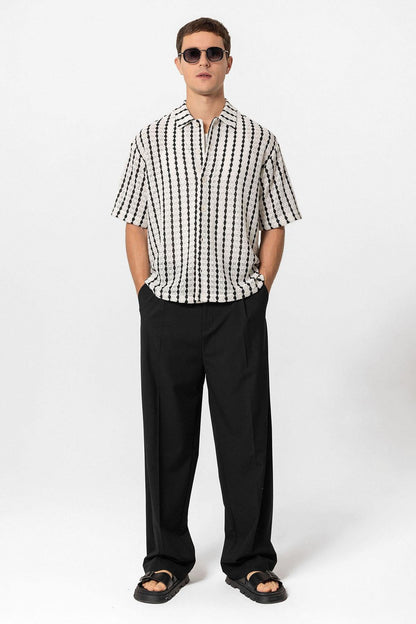 KOALA SYDNEY Men's Black Striped Knit Short-Sleeve Shirt