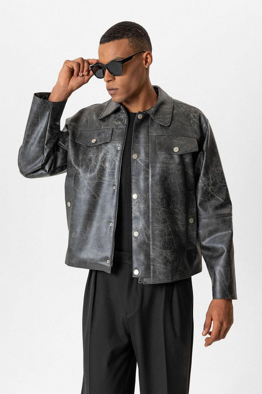 Black Crop Fit Faux Leather Men's Jacket
