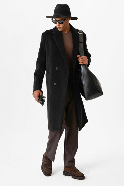 Black Textured Double-Breasted Men's Coat
