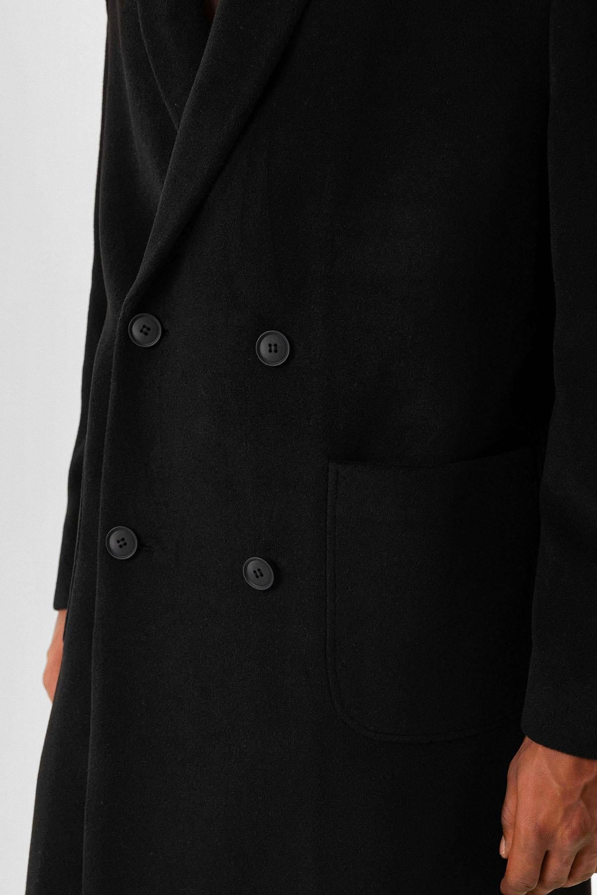 Black Textured Double-Breasted Men's Coat