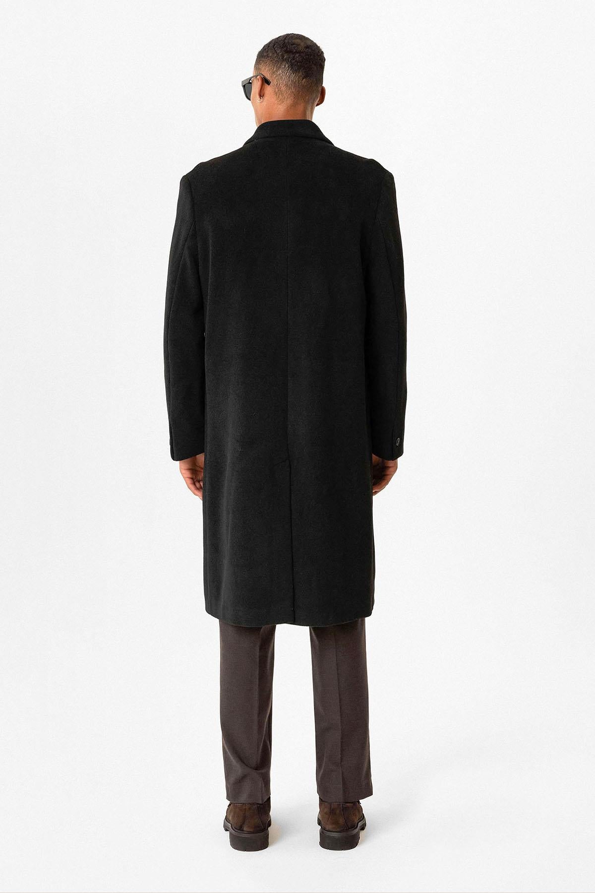 Black Textured Double-Breasted Men's Coat