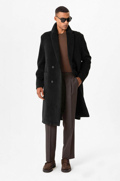 Black Textured Double-Breasted Men's Coat