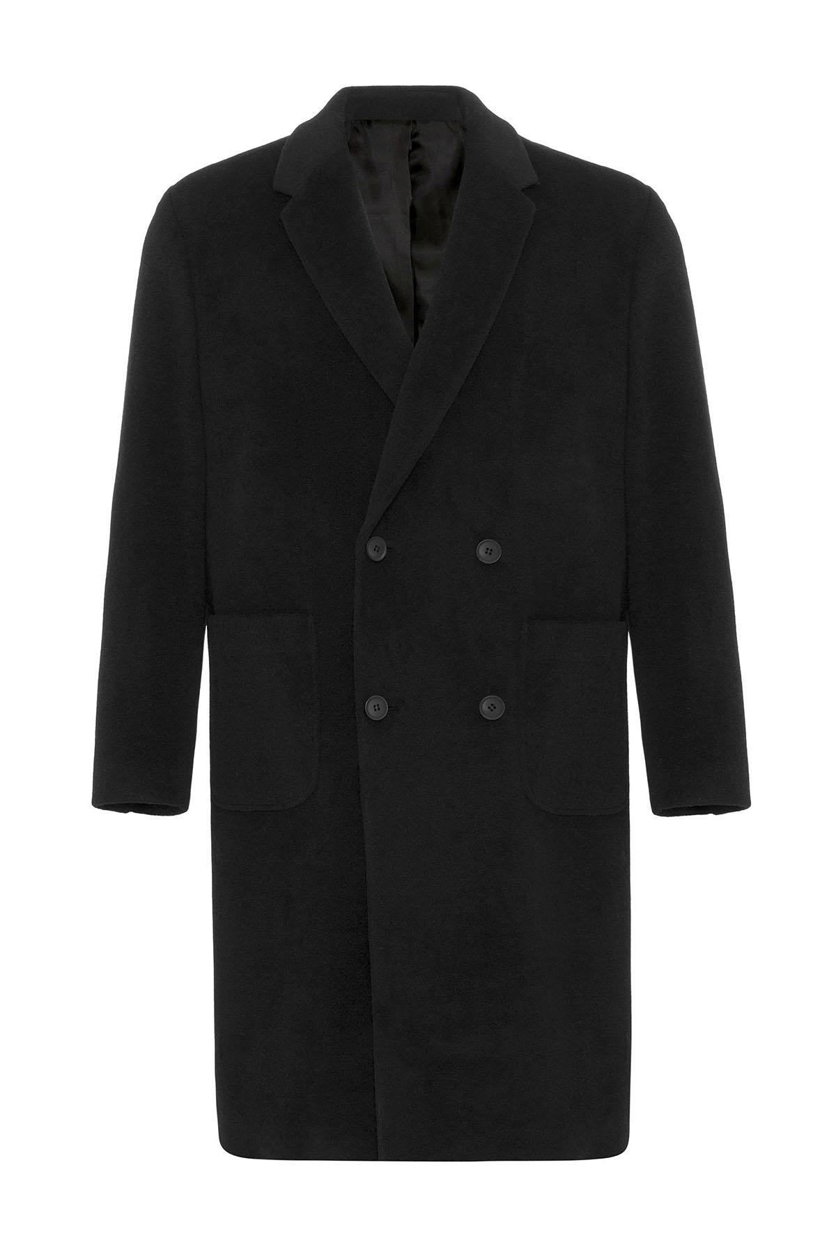 Black Textured Double-Breasted Men's Coat