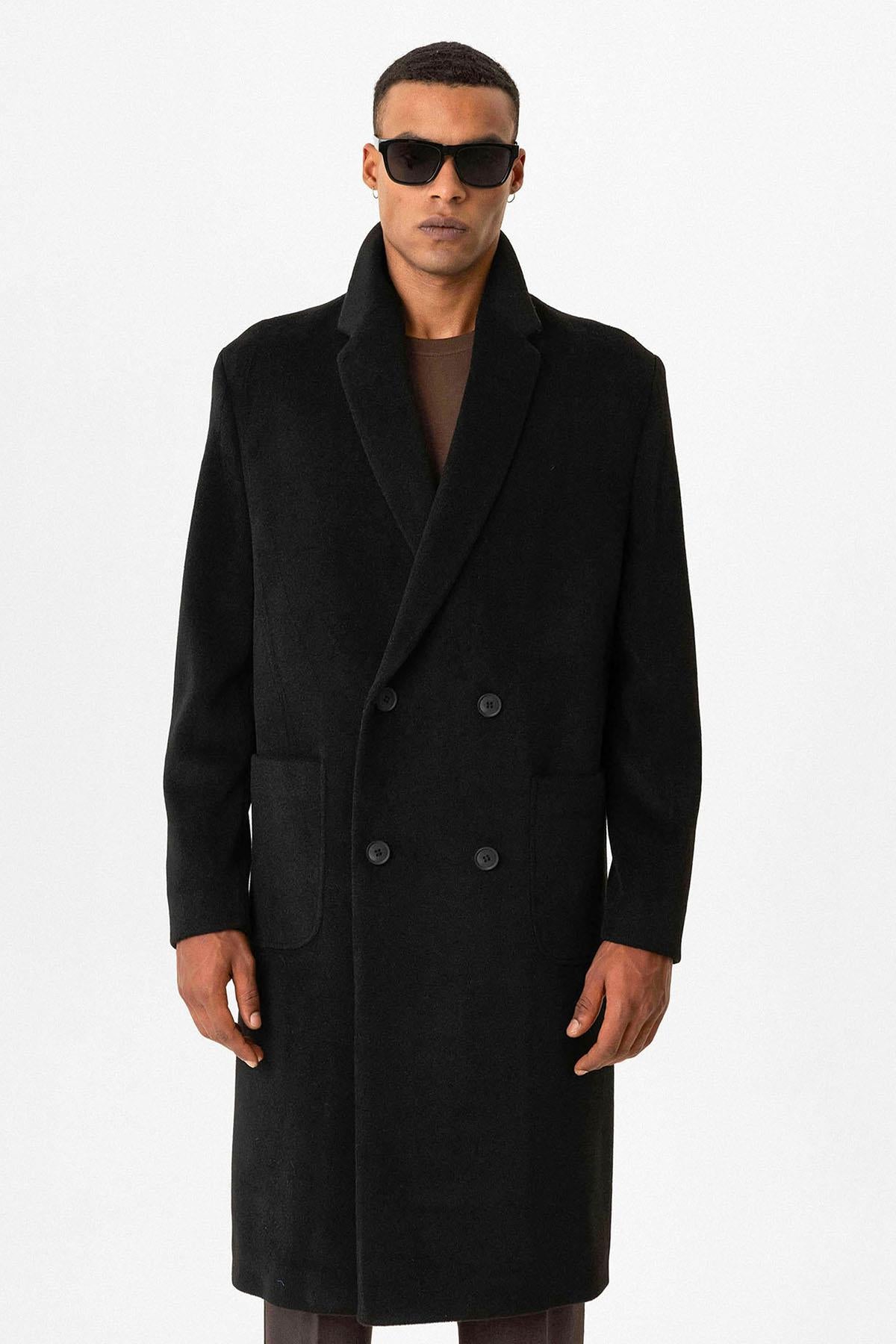 Black Textured Double-Breasted Men's Coat