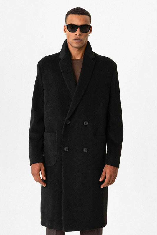 Black Textured Double-Breasted Men's Coat