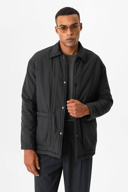 Black Lightly Padded Men's Jacket with Cargo Pockets