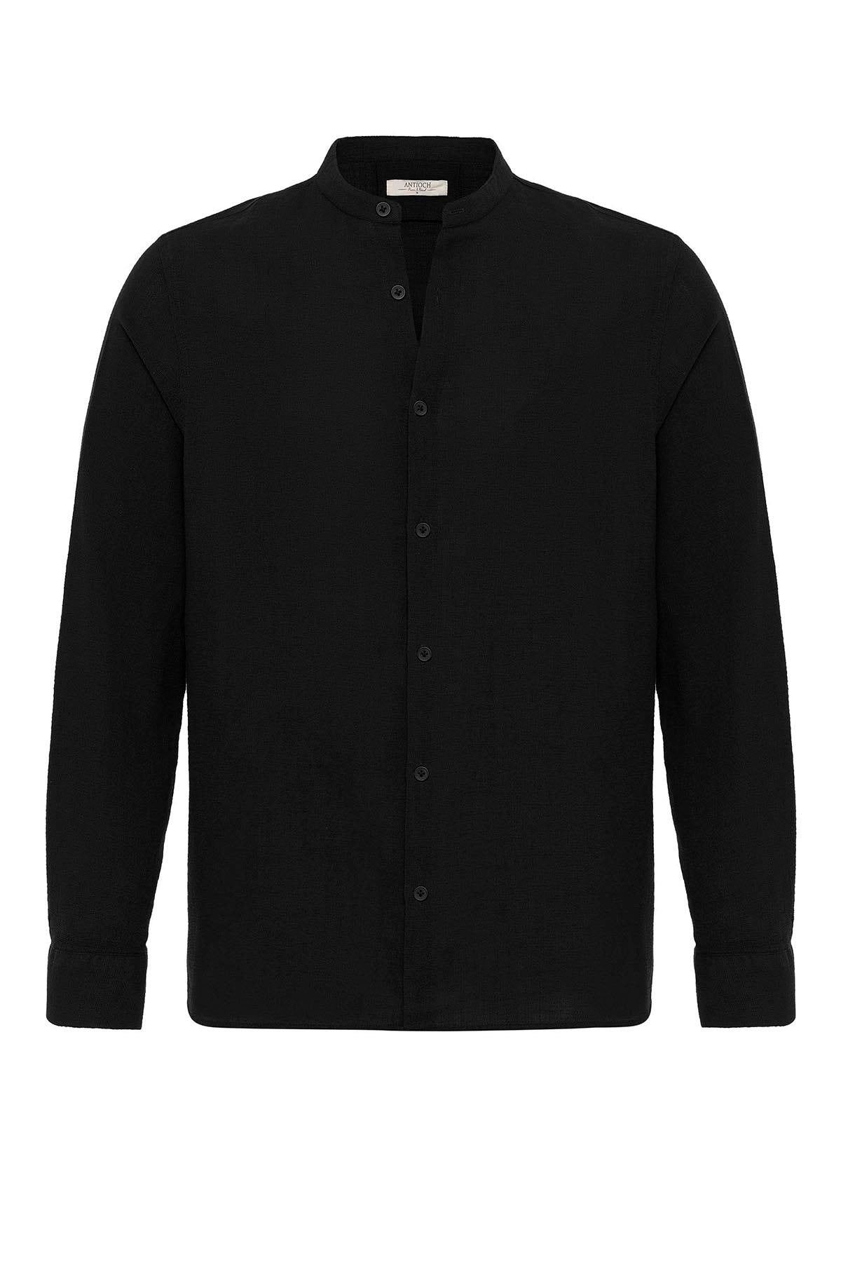 Men's Black Mandarin Collar Woven Shirt -
