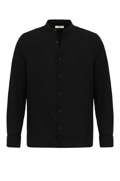 Men's Black Mandarin Collar Woven Shirt -