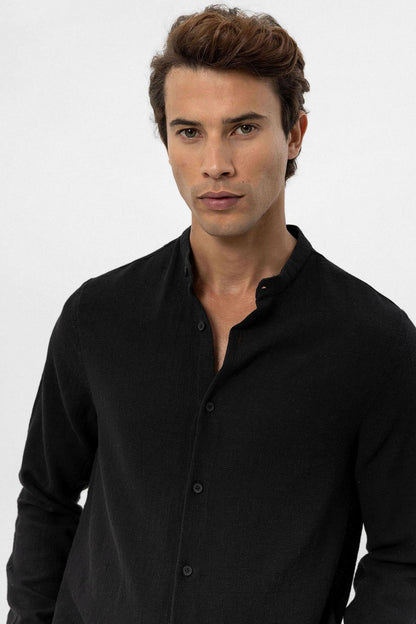 Men's Black Mandarin Collar Woven Shirt -