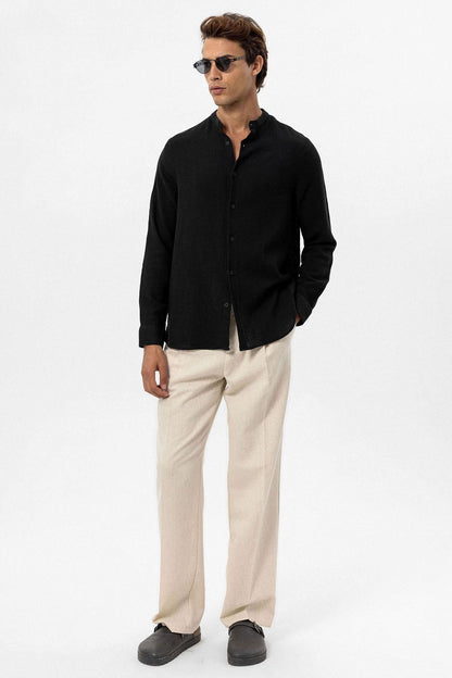 Men's Black Mandarin Collar Woven Shirt