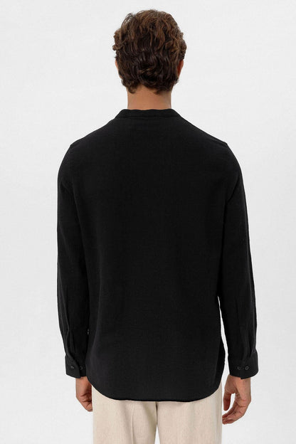 Men's Black Mandarin Collar Woven Shirt