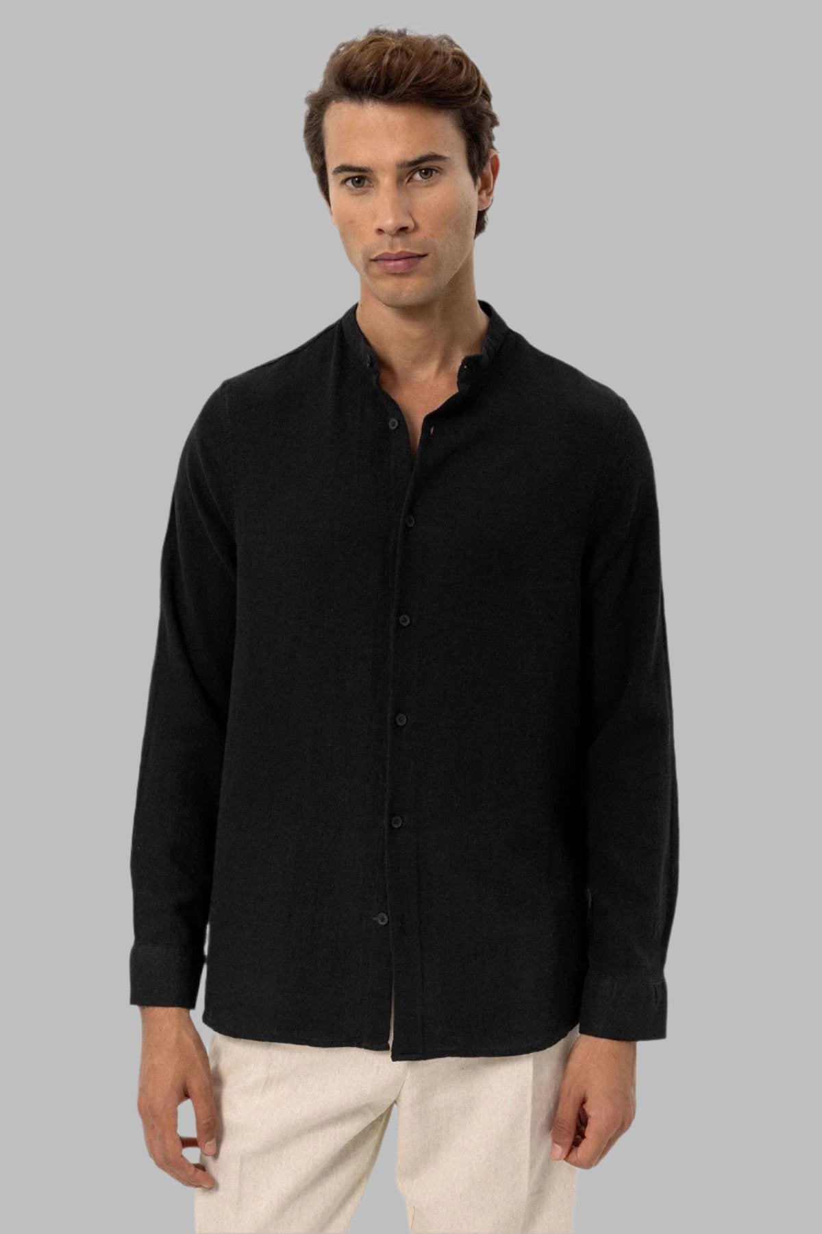 Men's Black Mandarin Collar Woven Shirt -