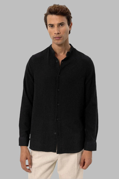 Men's Black Mandarin Collar Woven Shirt -