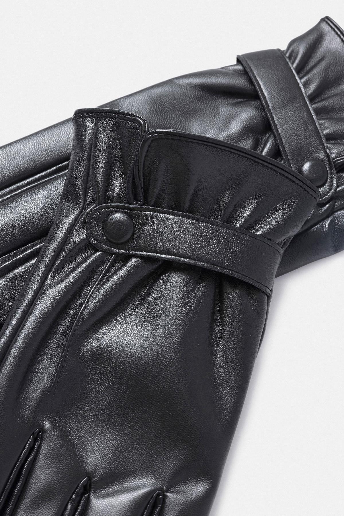 Black Faux Leather Men's Gloves with Fleece Lining
