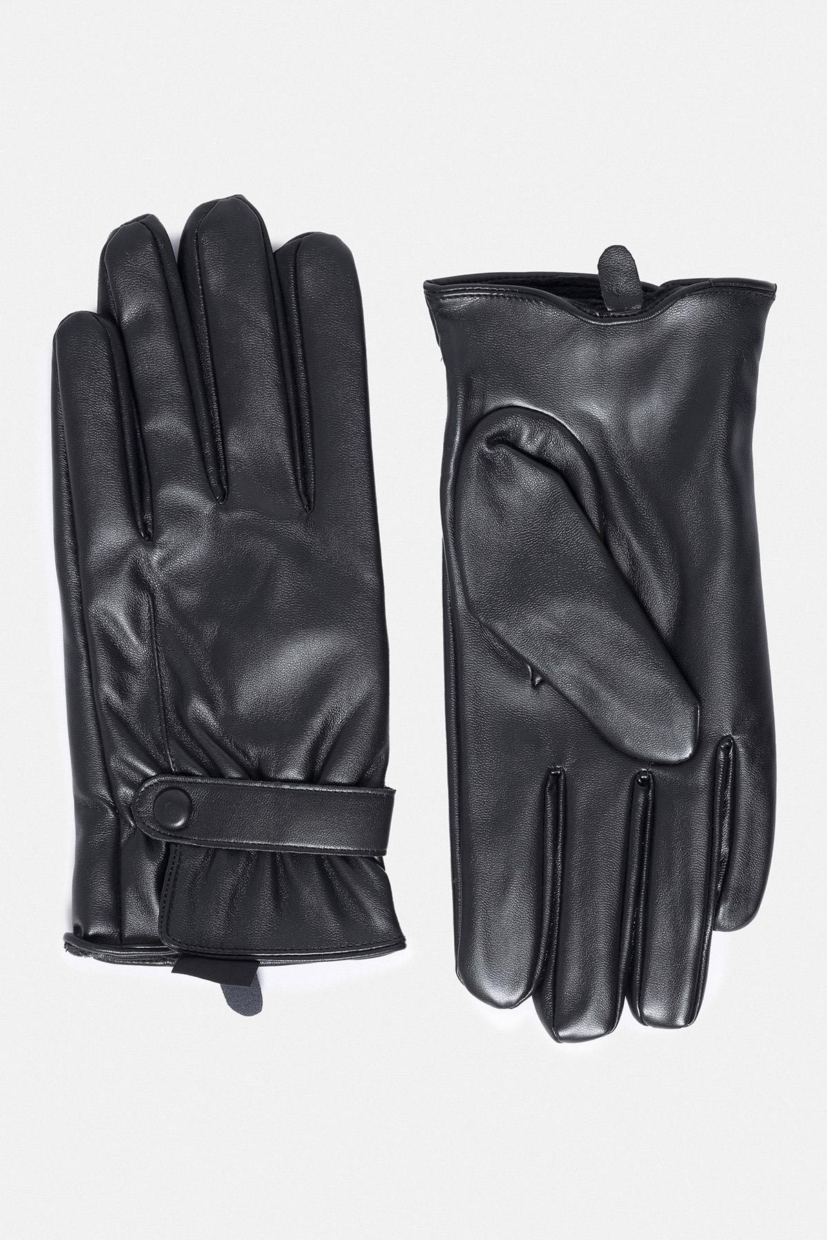 Black Faux Leather Men's Gloves with Fleece Lining