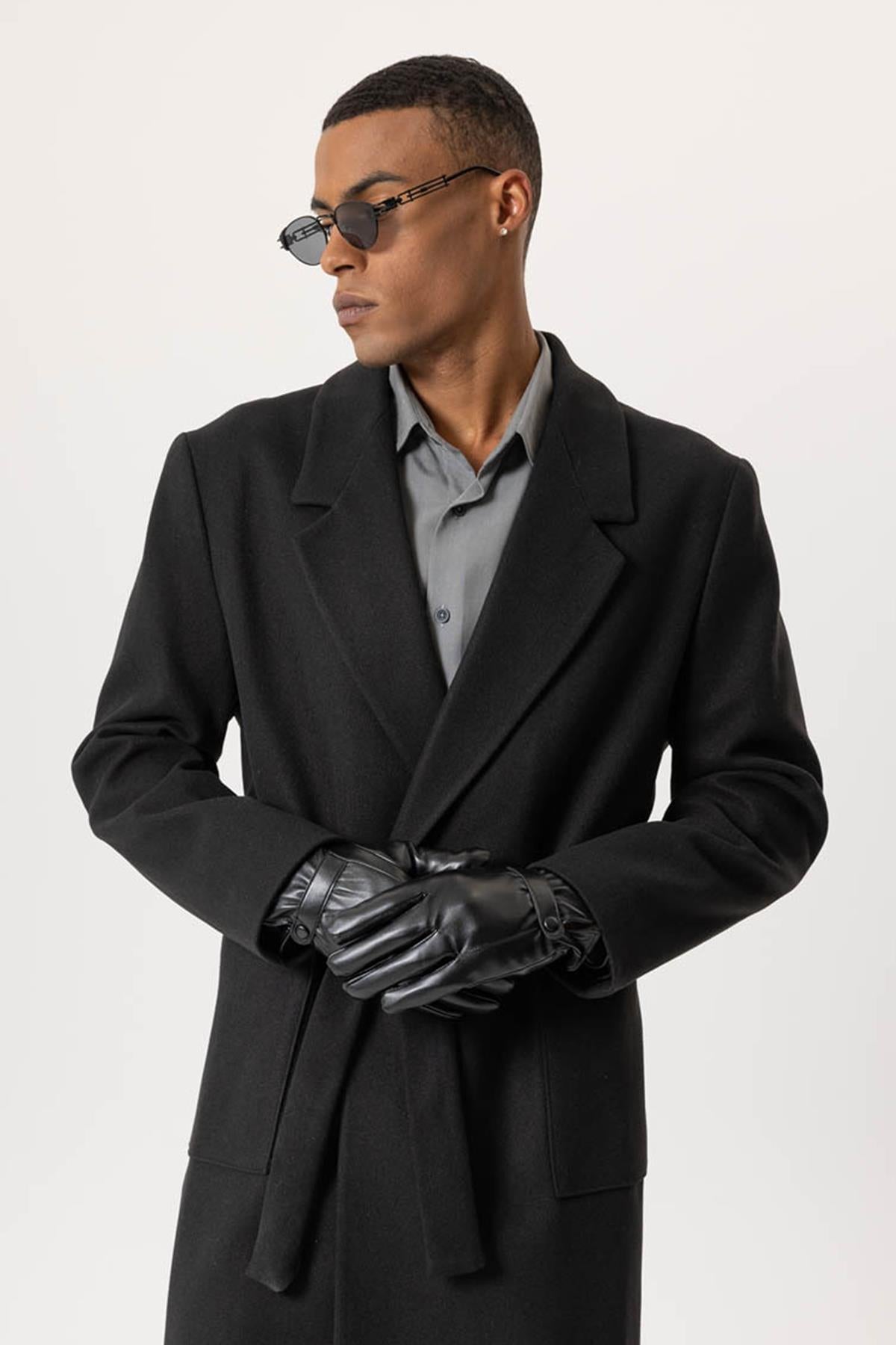 Black Faux Leather Men's Gloves with Fleece Lining