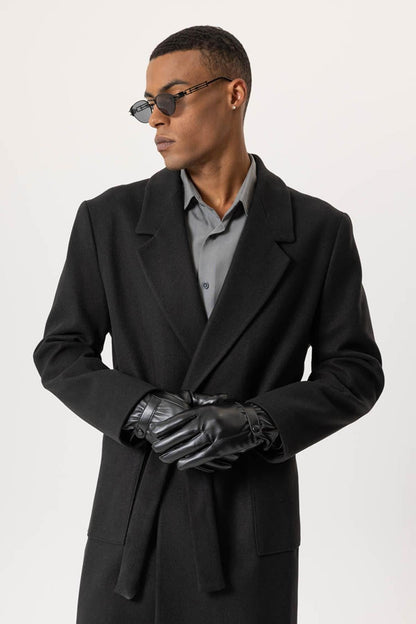 Black Faux Leather Men's Gloves with Fleece Lining