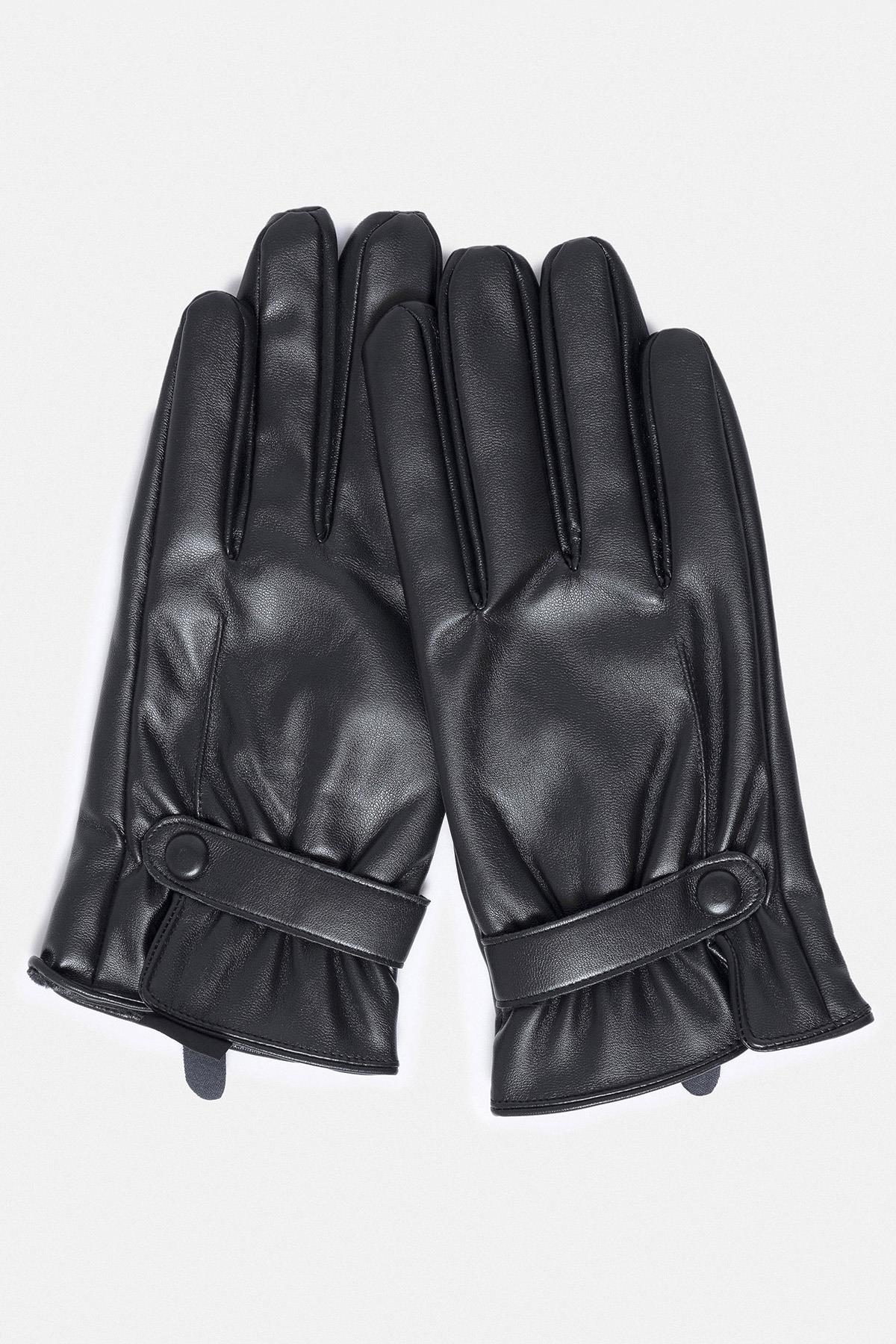 Black Faux Leather Men's Gloves with Fleece Lining
