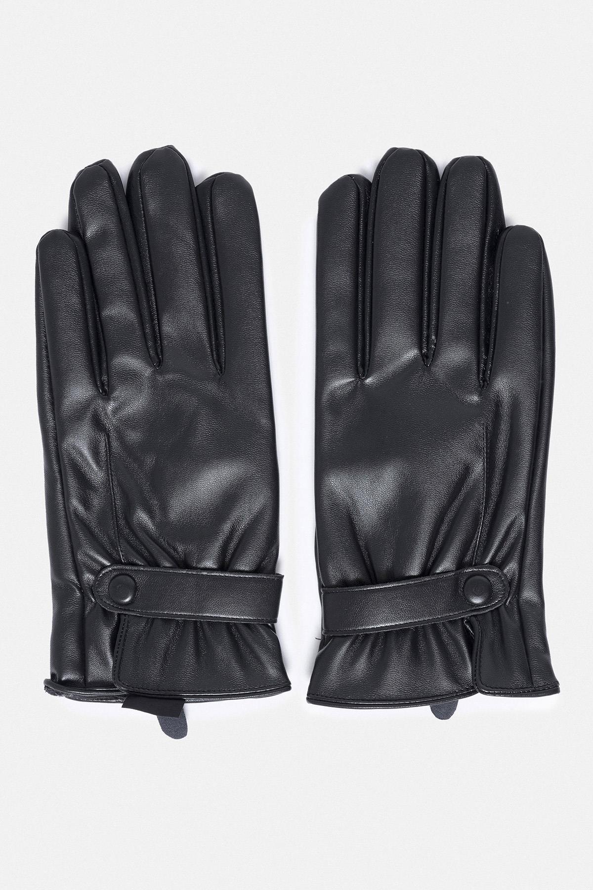 Black Faux Leather Men's Gloves with Fleece Lining