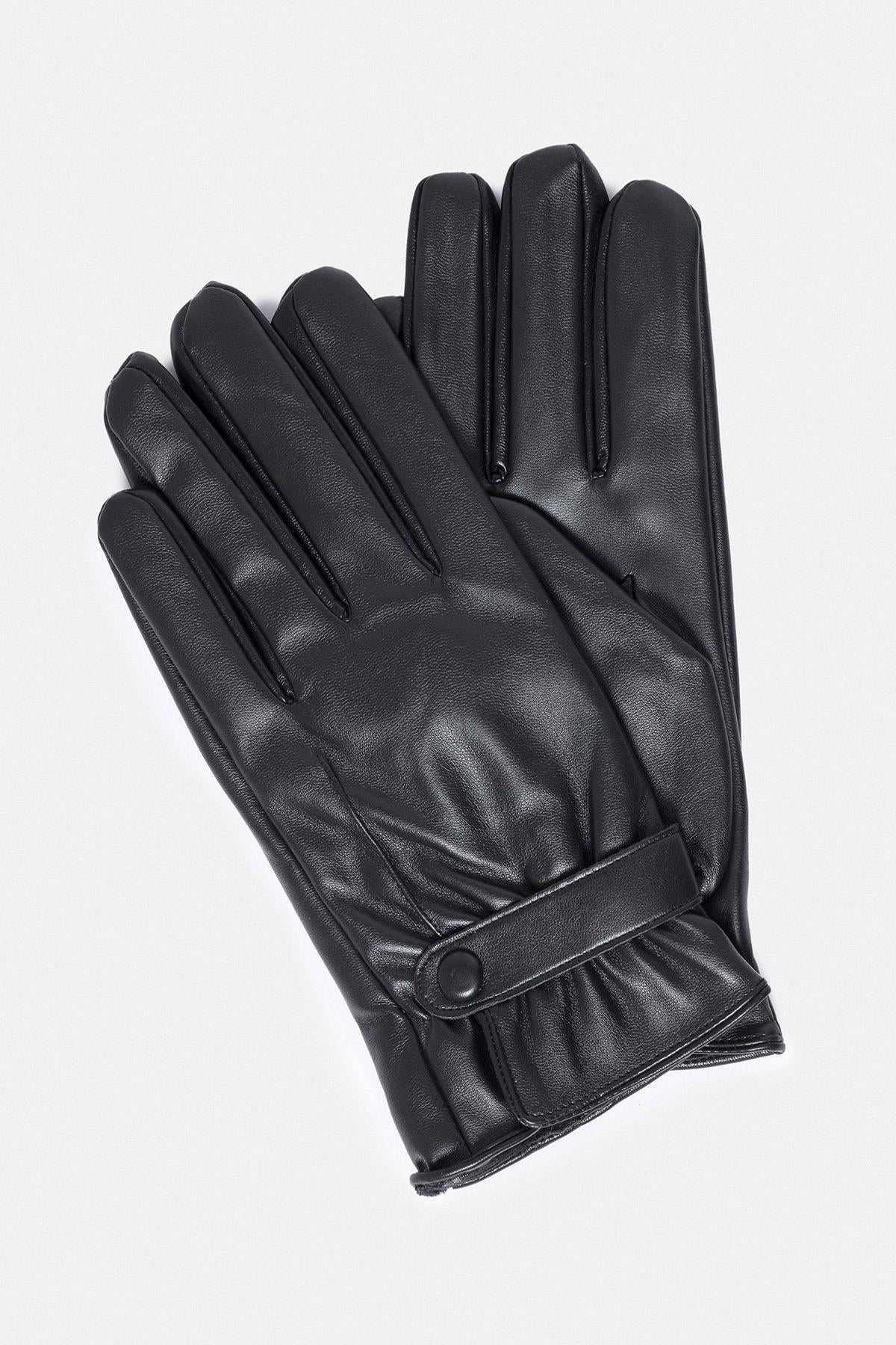 Black Faux Leather Men's Gloves with Fleece Lining