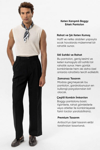 Men's Black Linen Blend Baggy Pants