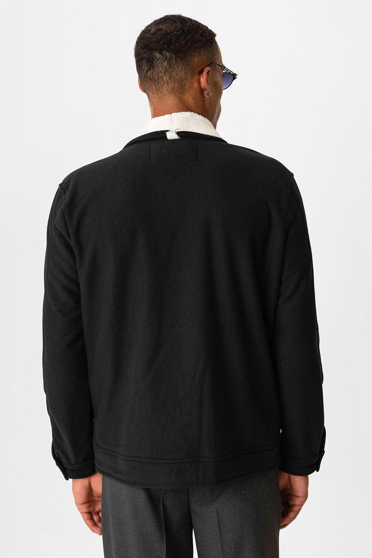 Black Contrast Collar Men's Jacket with Lining Detail