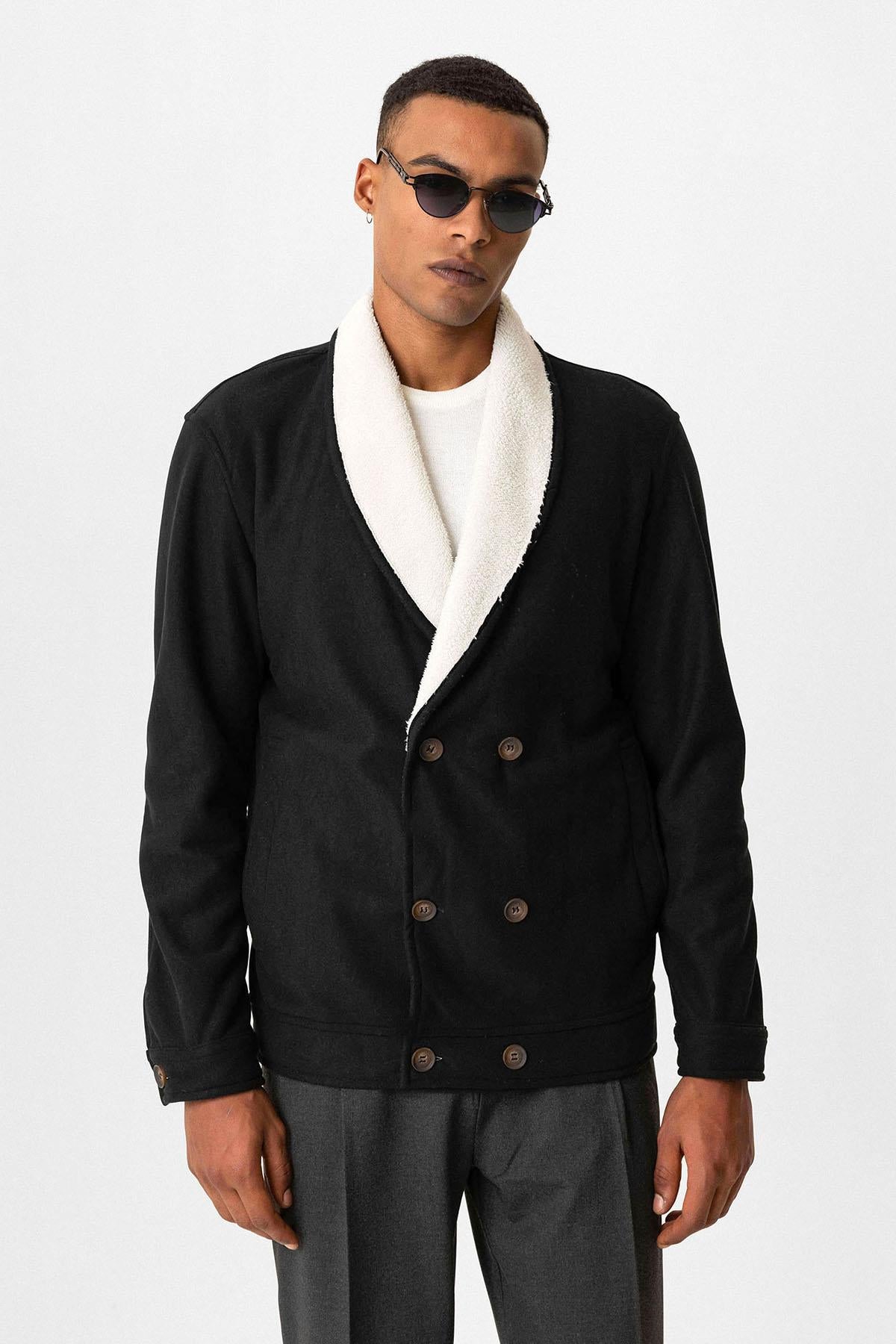 Black Contrast Collar Men's Jacket with Lining Detail