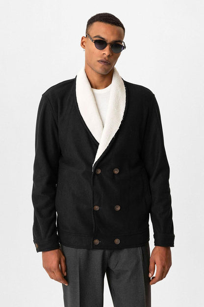 Black Contrast Collar Men's Jacket with Lining Detail