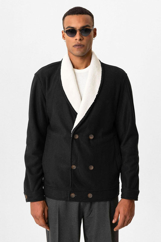 Black Contrast Collar Men's Jacket with Lining Detail