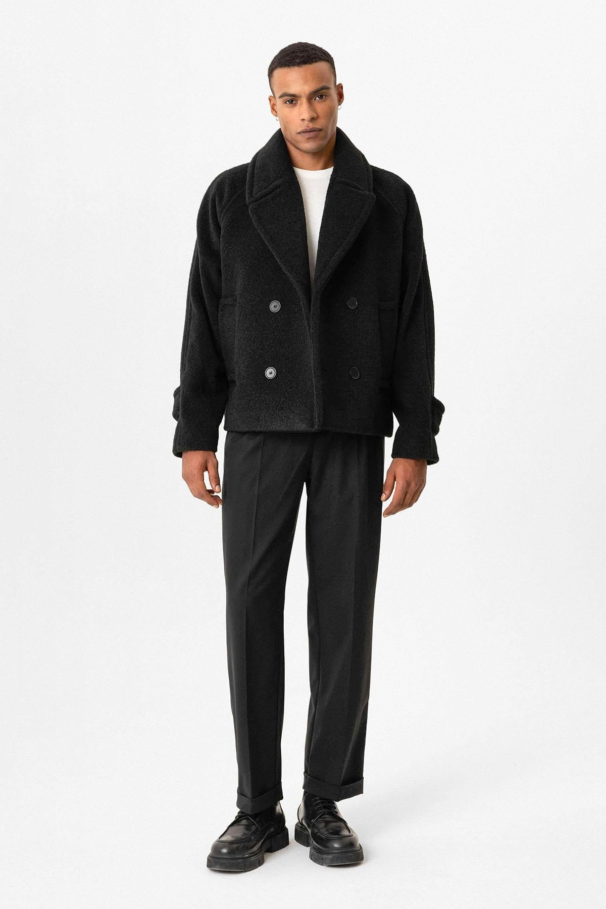 Black Double-Breasted Crop Fit Men's Jacket