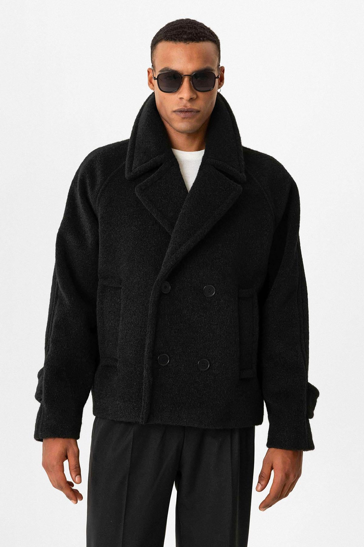 Black Double-Breasted Crop Fit Men's Jacket