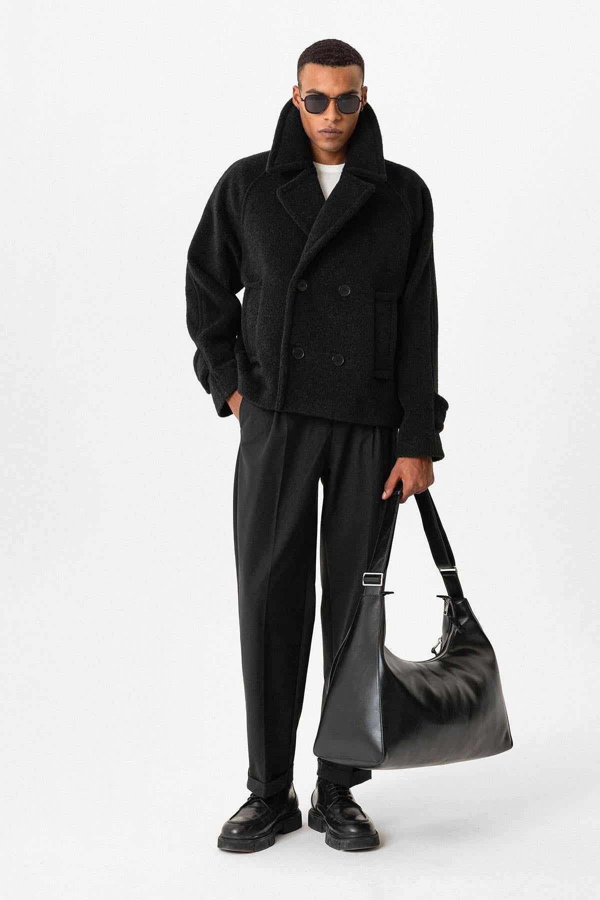 Black Double-Breasted Crop Fit Men's Jacket