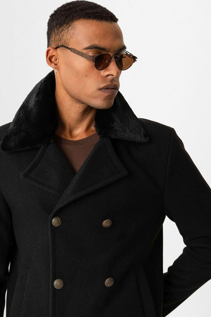 Black Fur Collar Double-Breasted Men's Coat