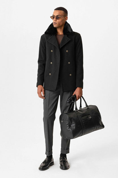 Black Fur Collar Double-Breasted Men's Coat