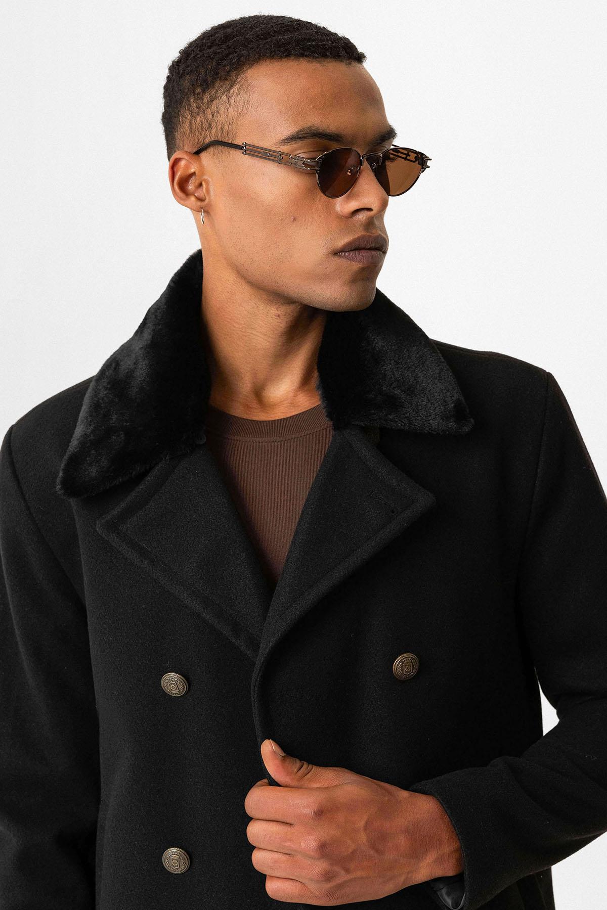 Black Fur Collar Double-Breasted Men's Coat