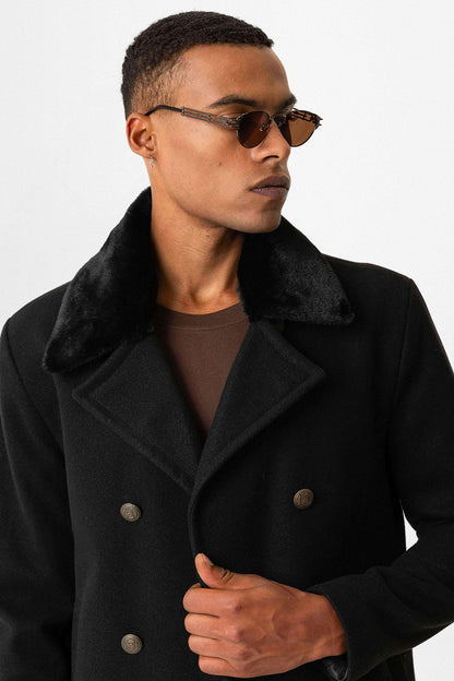 Black Fur Collar Double-Breasted Men's Coat