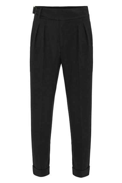 Black Pleated Men's Trousers with Buckle Detail