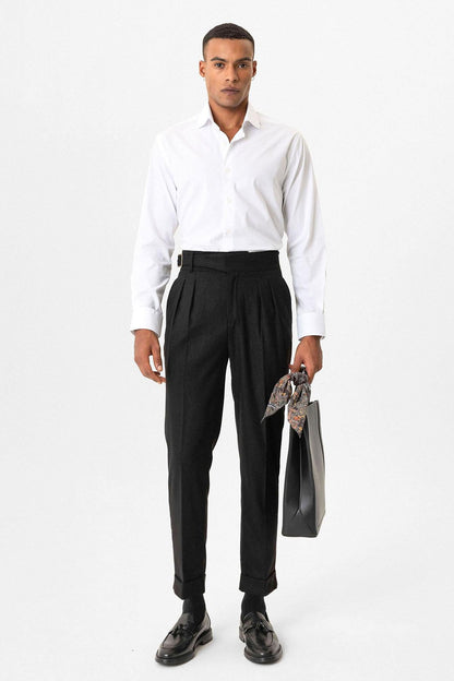 Black Pleated Men's Trousers with Buckle Detail