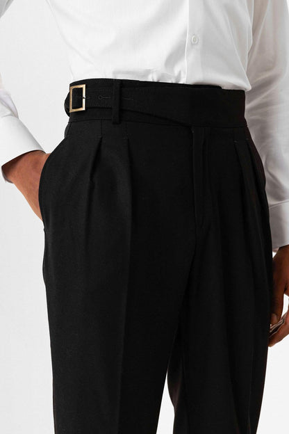 Black Pleated Men's Trousers with Buckle Detail